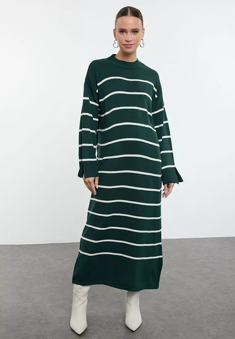 Trendyol Dark Green Striped Sleeve Slit Detailed Knit Dress Tctaw24Eb00018  2026 | Buy Trendyol Online | ZALORA Hong Kong