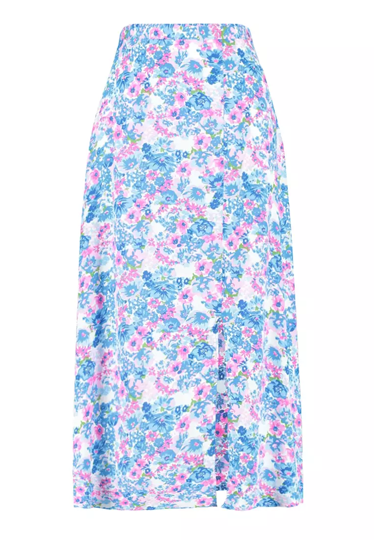 Indigo-Ecru Midi Skirt with Floral Pattern and Viscose Fabric with a Slit Detailed Detail