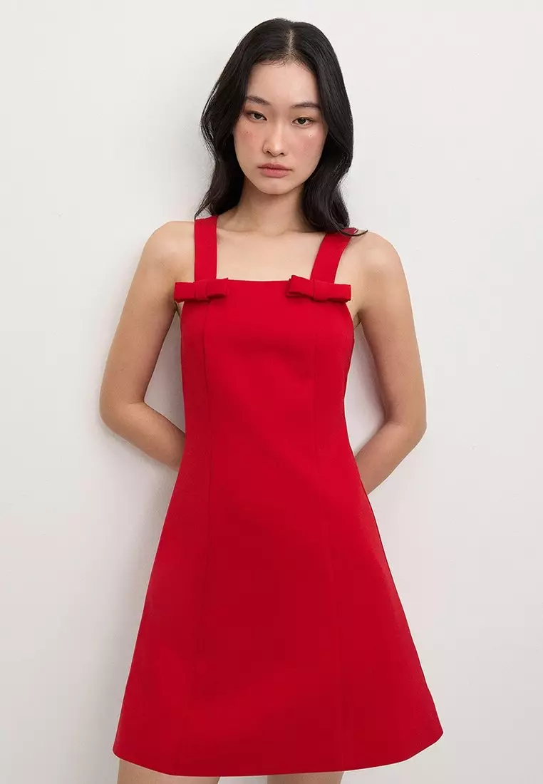 Bow Square Neck Dress - Red