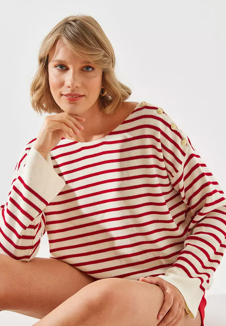 Women's Striped Shoulder Buttoned Sweater 20247511