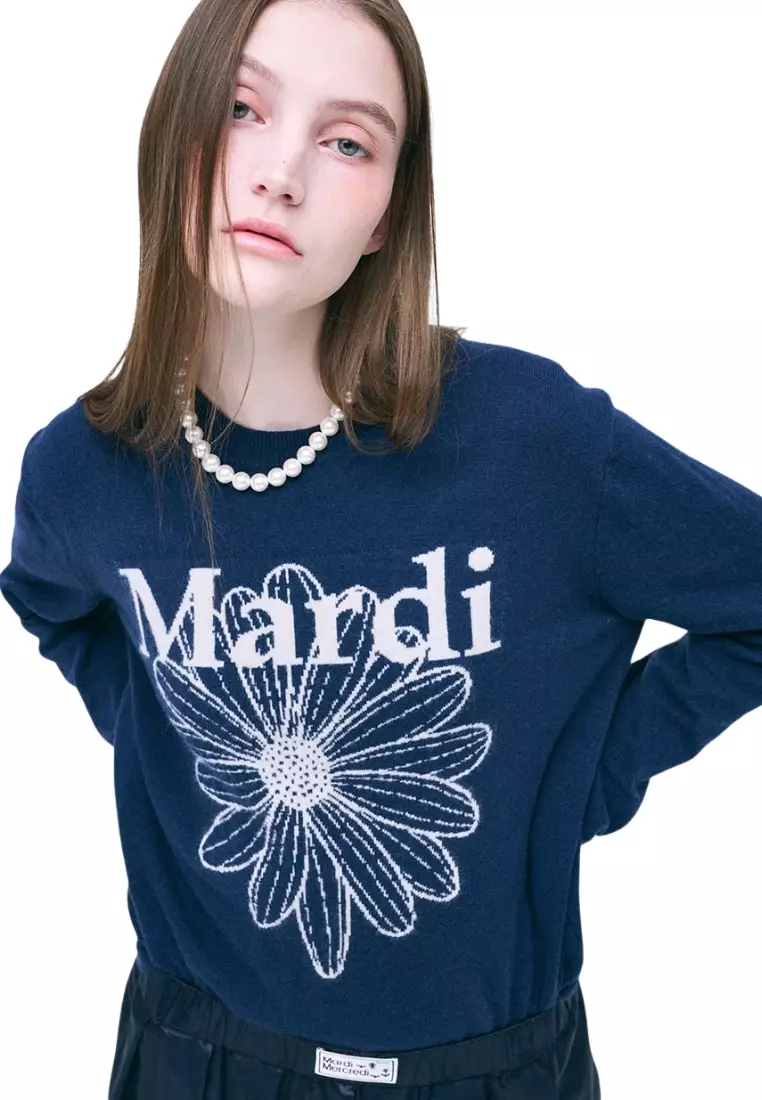Cashmere Crew Neck Flowermardi - Navy Ivory