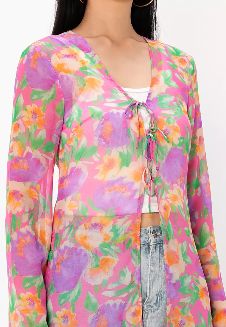 Long Sleeves Sheer Tie Front Maxi Kimono Cardigan