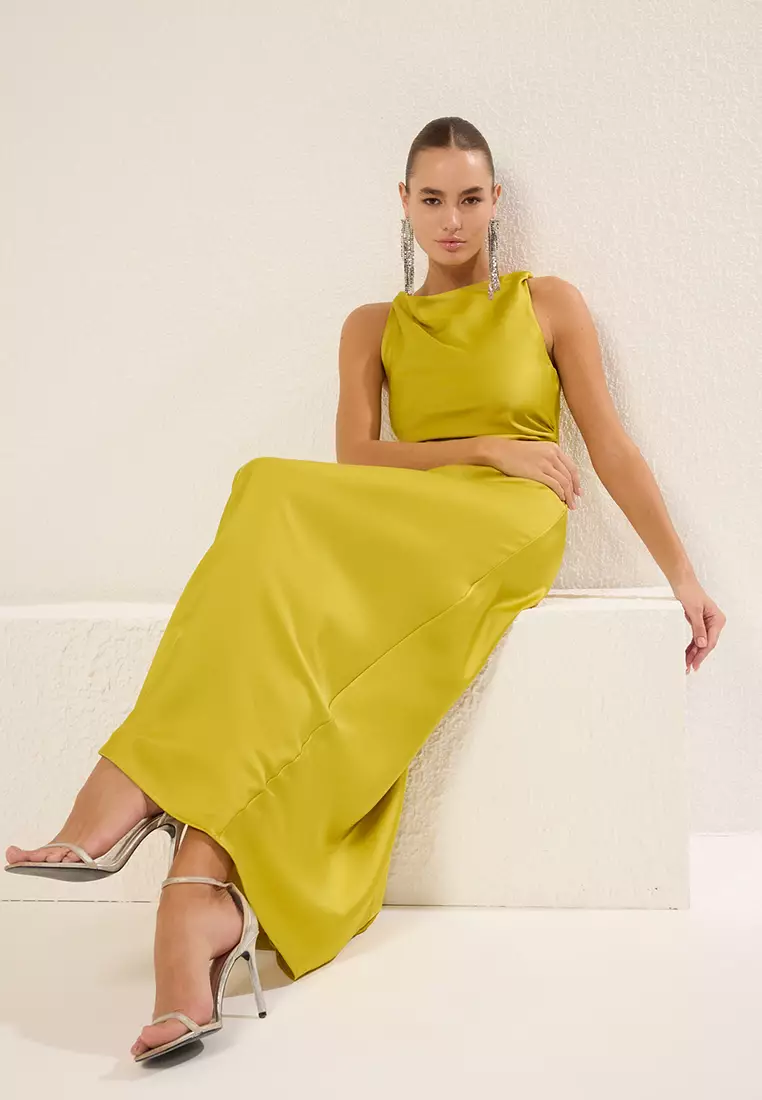 Oil Green Fitted Satin Woven Maxi Evening Prom Dress TPRSS25AE00066