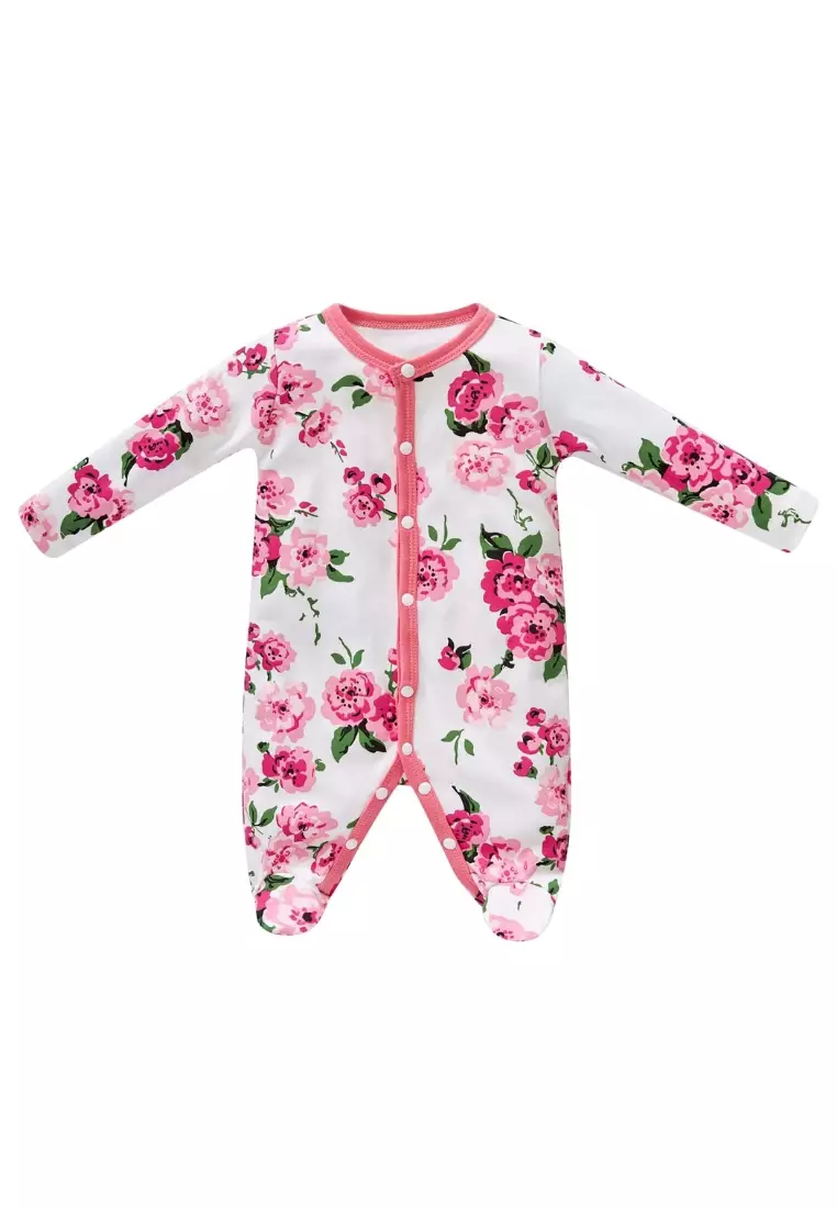 Baby Cotton Sleepsuit Pink Flowers All In One Jumpsuit Feet Cover