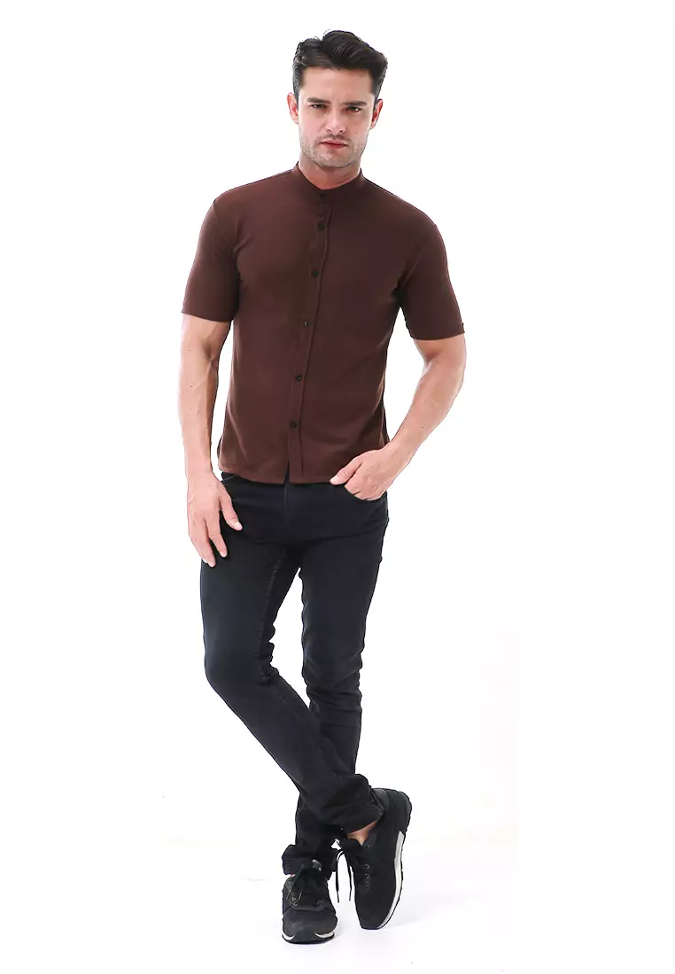 Leopold Atasan Pria Kemeja Kasual Slim Fit Lengan Pendek Motif Polos Material Cotton ORIGINAL - Brown
