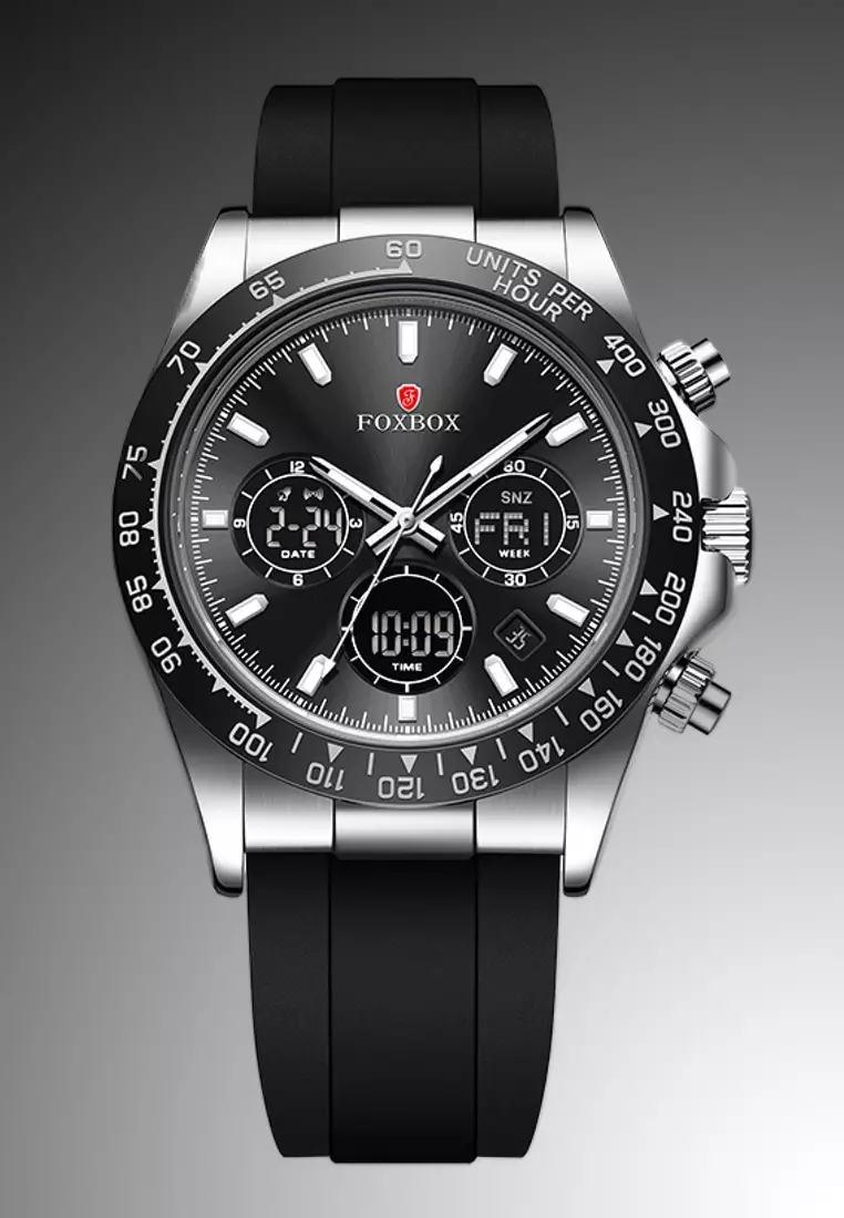 FOXBOX Chronograph Unisex Stainless Steel Quartz Watch, Black Dial, Rubber Strap