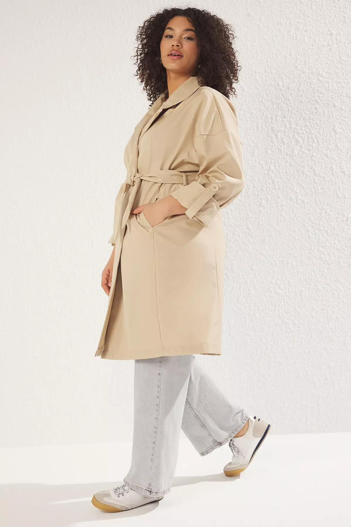 Beige Long Oversize Large Size Trench Coat Tbbss25Bm00001