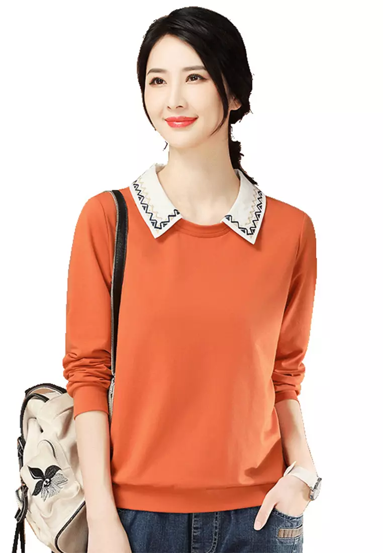 Women's embroidered top sweatshirts with collar