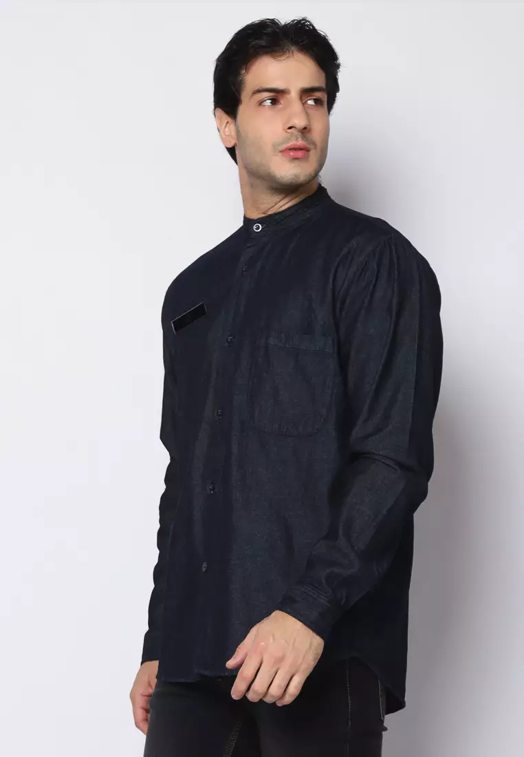 Kemeja Denim Glorys Krah Mandarin KT L/S Black 182501