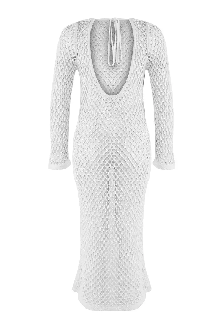 Ecru Fitted Midi Knit Crochet Beach Dress Tbess25El00124