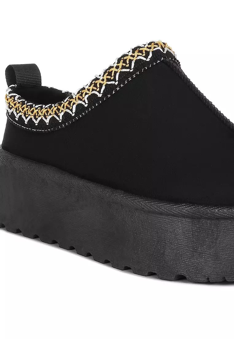 Black Embroidered Platform Fur Classic Slip-On