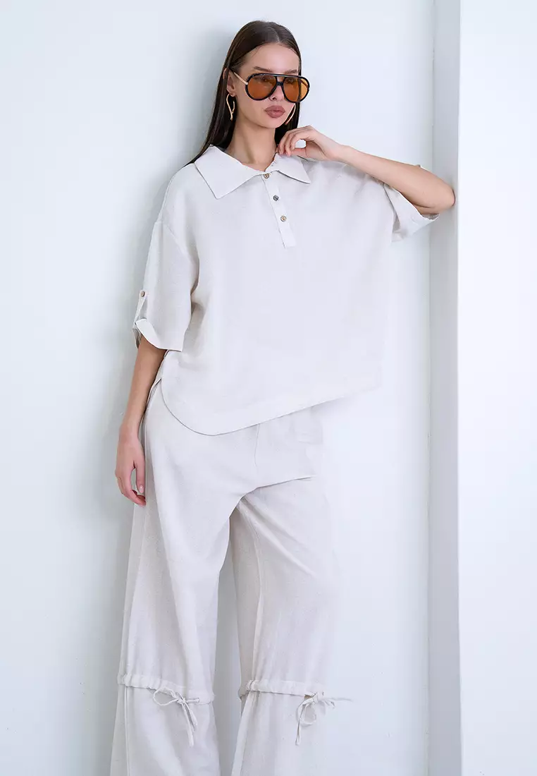 Polo Collar Wide Cut Linen Blouse with Folded Cuffs