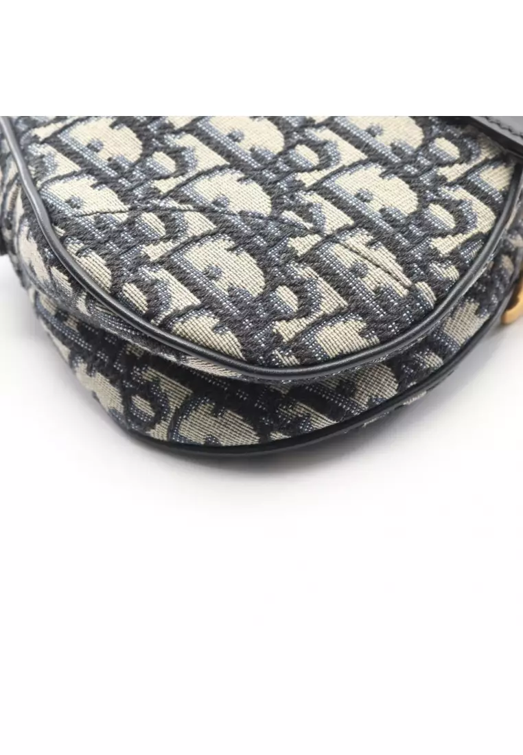 Pre-Loved Christian Dior saddle bag mini oblique jacquard Handbag canvas leather ivory Navy