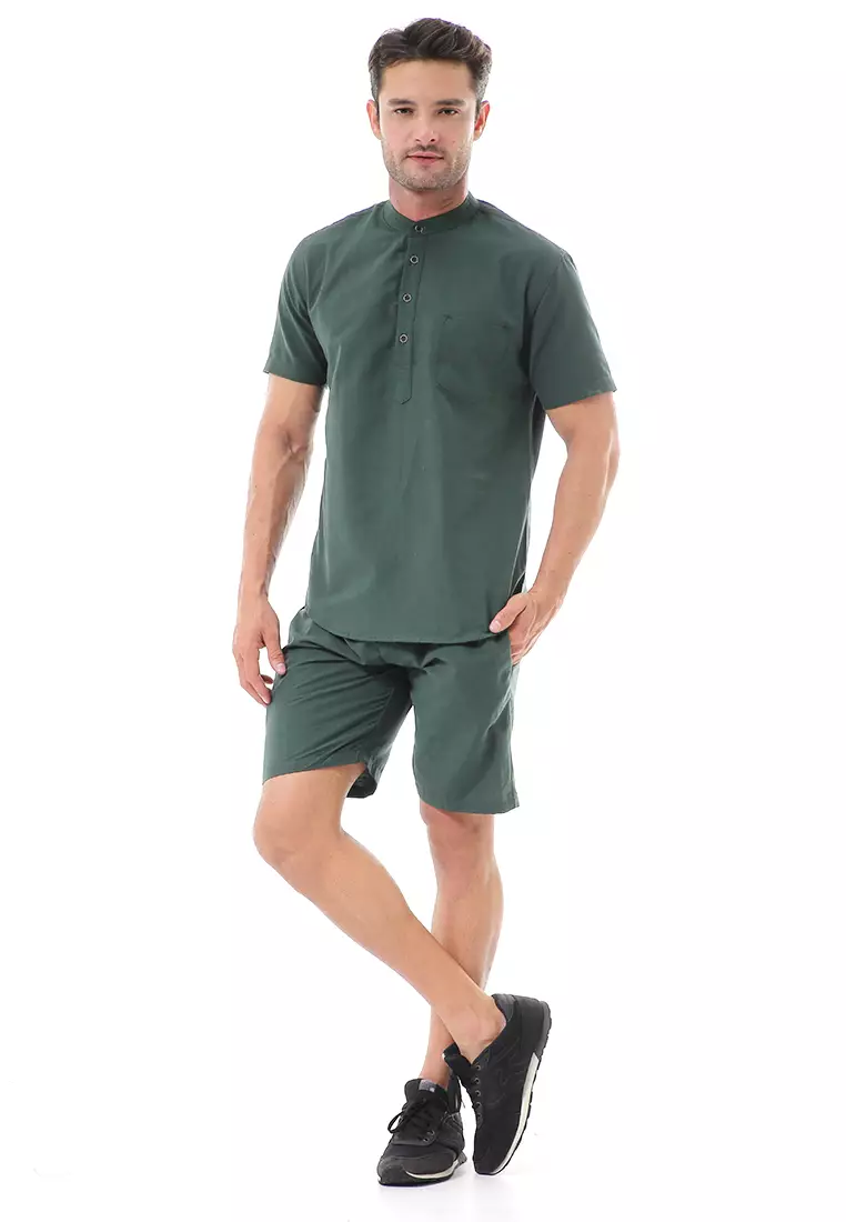 Vincent Kurta Set Pendek Motif Polos Setelan Pria Short Sleeve Material Cotton ORIGINAL - Green