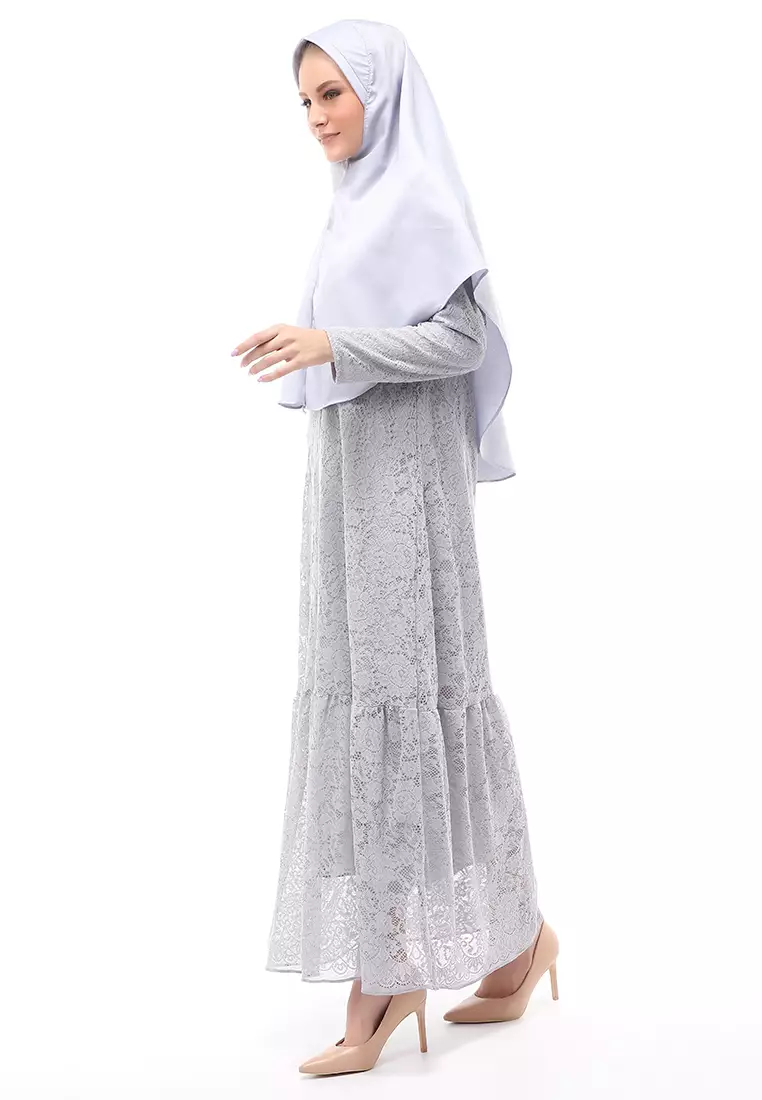 Aisyah Gamis Muslimah Wanita Motif Kebaya Long Sleeve Relaxed Fit - Silver
