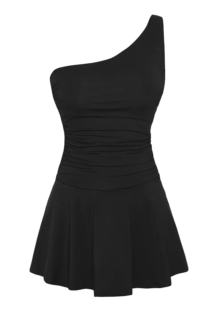 Black One Shoulder Skirt Shorts Swimsuit Tbess25Ma00061
