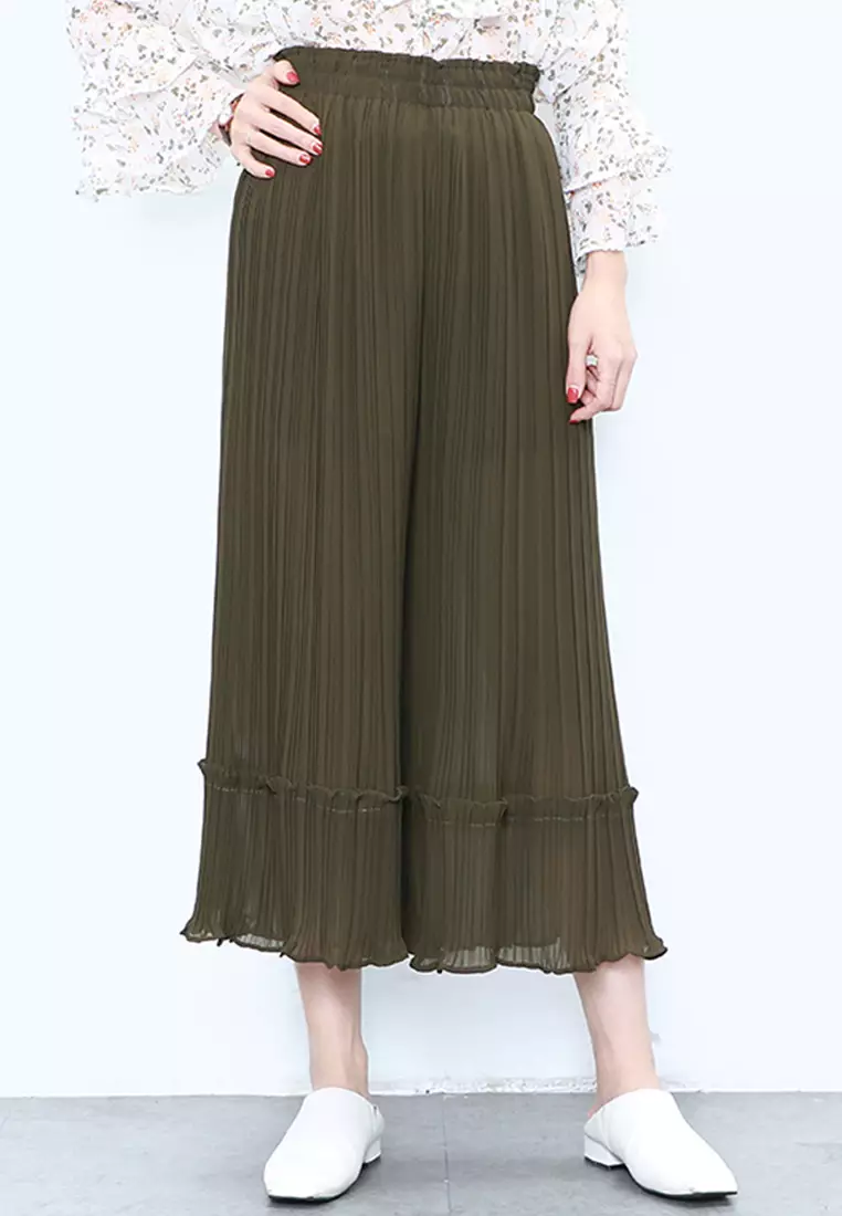 Pleated Chiffon Wide Leg Pants (With Lining)
