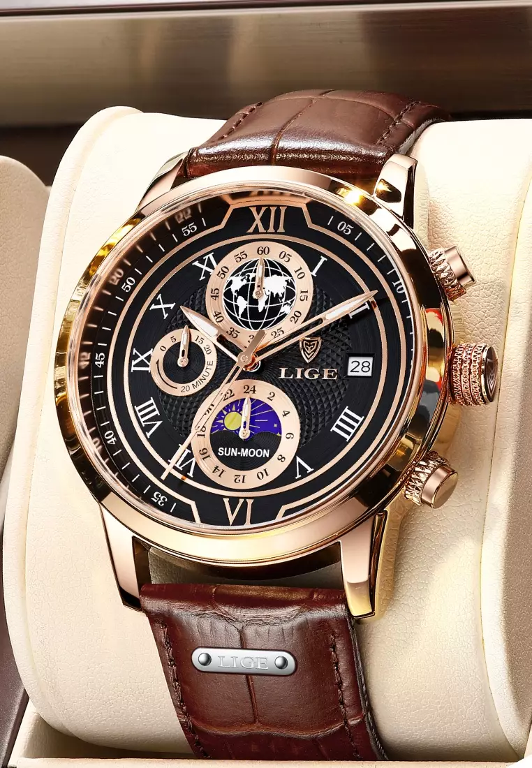 Chronograph Unisex 42mm IP Rose Gold Color Stainless Steel Quartz Watch, Black Dial on Leather Strap