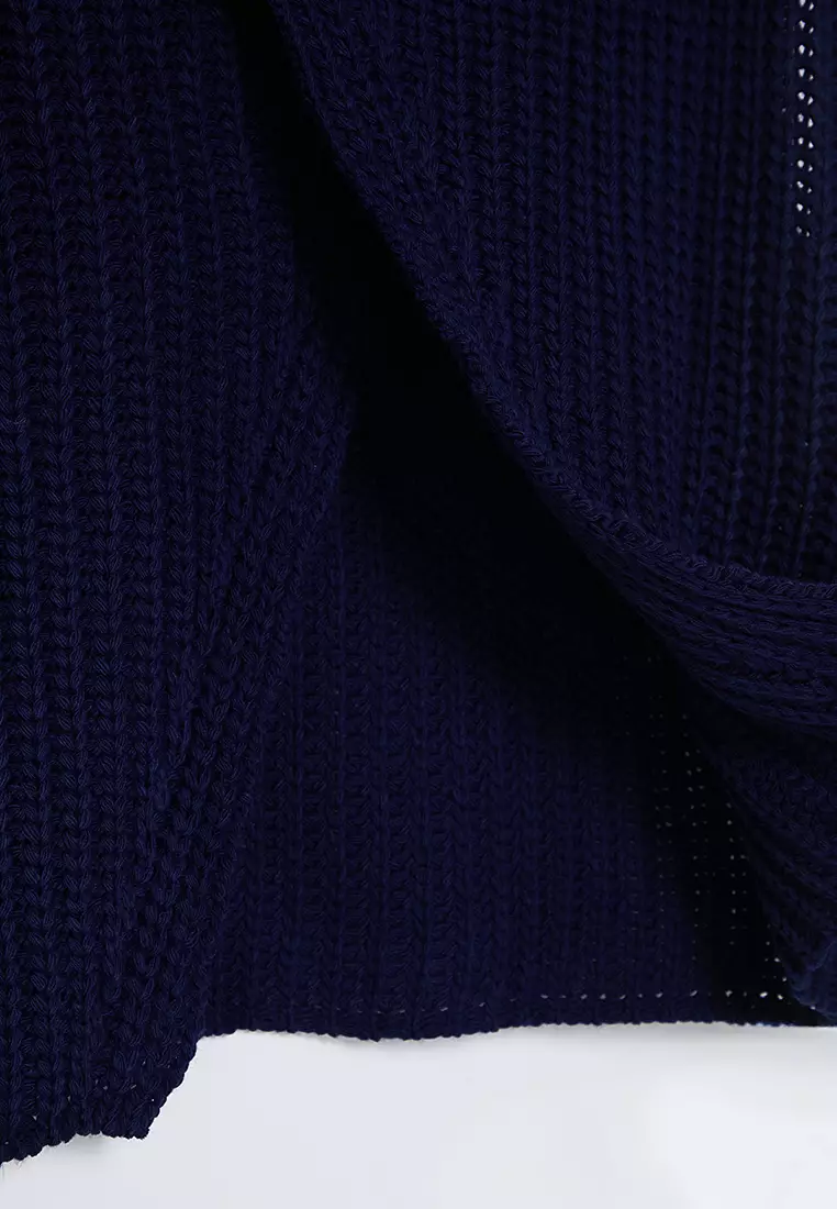 Navy Blue Stand Collar Slit Poncho TWOAW25PA00000