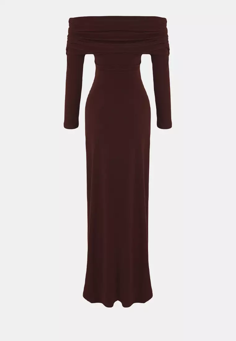 Ruched Carmen Collar Maxi Dress