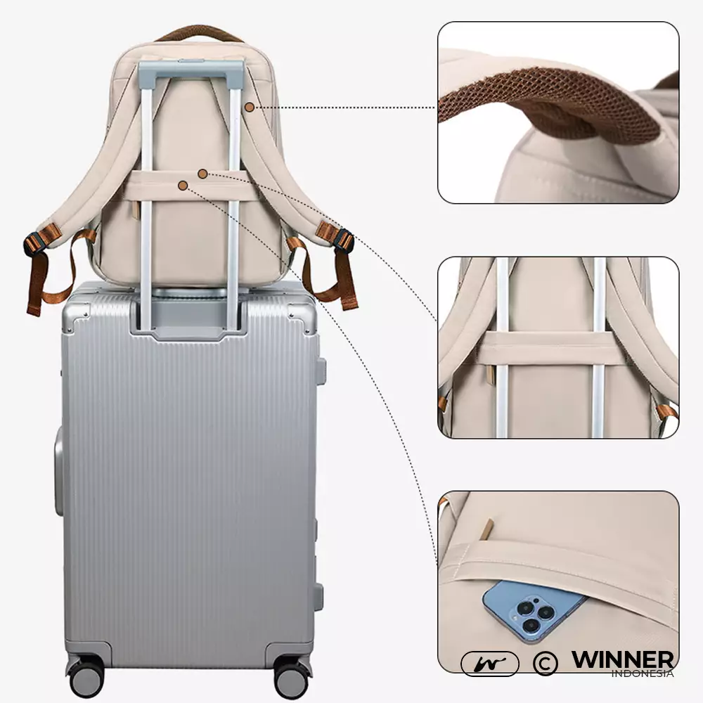 WINNER Tas Ransel Laptop 14 inch Oxford Anti-Air Backpack Korean Style (T14-004) Warna Khaki-14-inch