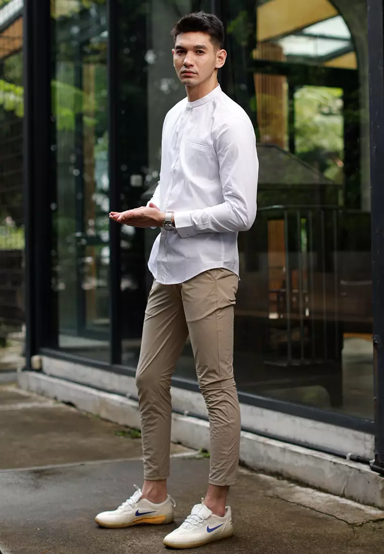 OXCON Kemeja Tangan Panjang koko bordir embrodiery collarless shirt White