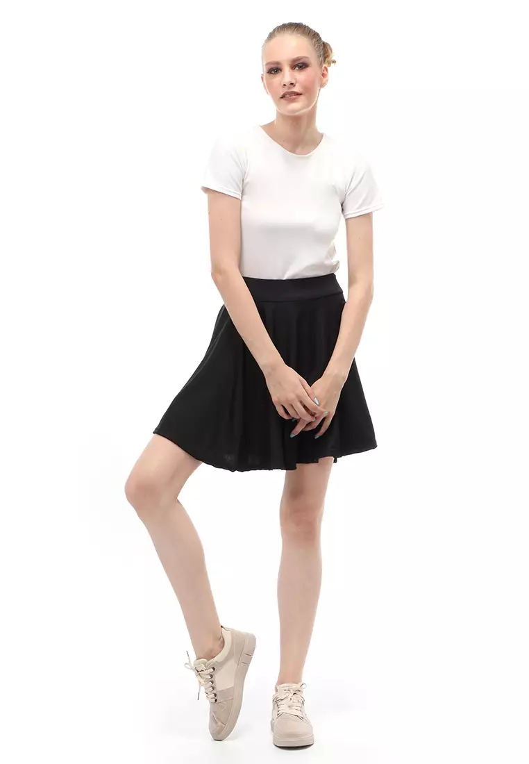 Rok Midi Bawahan Wanita Motif Solid Casual Relaxed Fit - Black