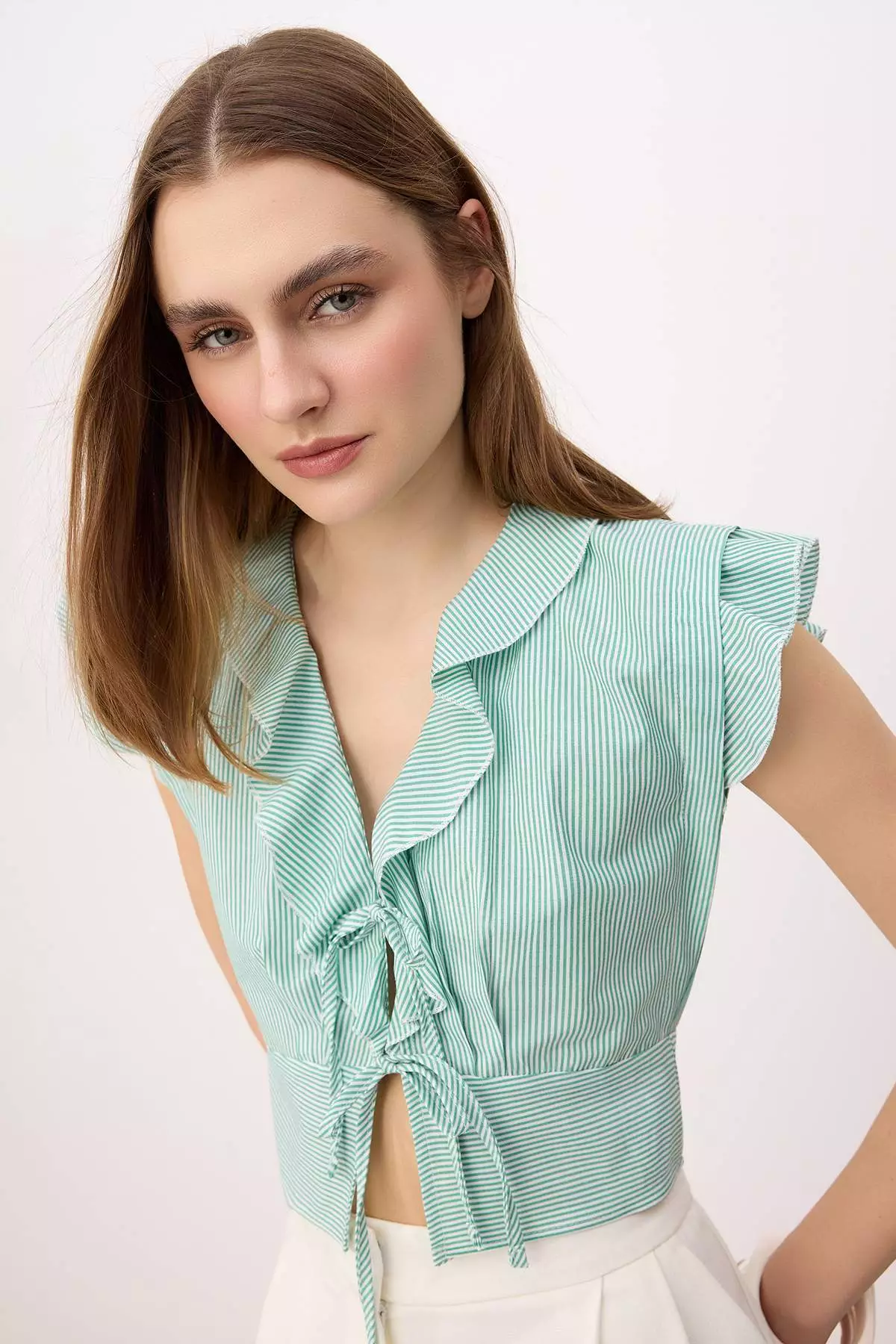 Water Green Striped Tie Detail Woven Blouse Twoss25Bz424