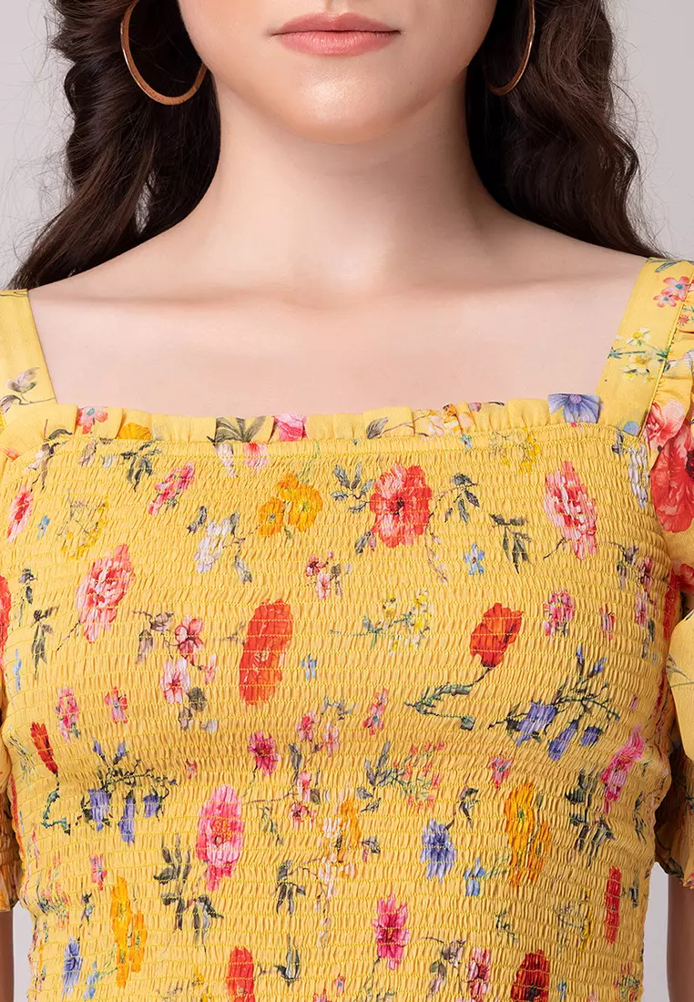 Yellow Floral Print Smocked Top