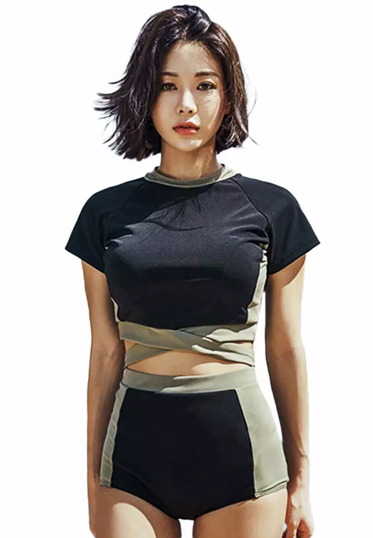 Short-Sleeved High-Waisted Slim Body-Covering Split Swimsuit A22031722