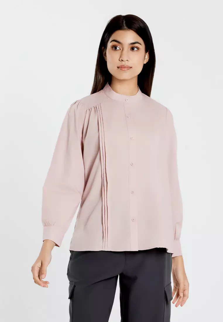 Forest Ladies Front Pleated Blouse Women Plain Long Sleeve Top - 822513-59Lotus Pink