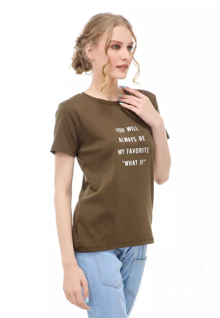 Genevie Kaos Kasual Wanita Lengan Pendek You Will Be Material Cotton ORIGINAL - Army Green