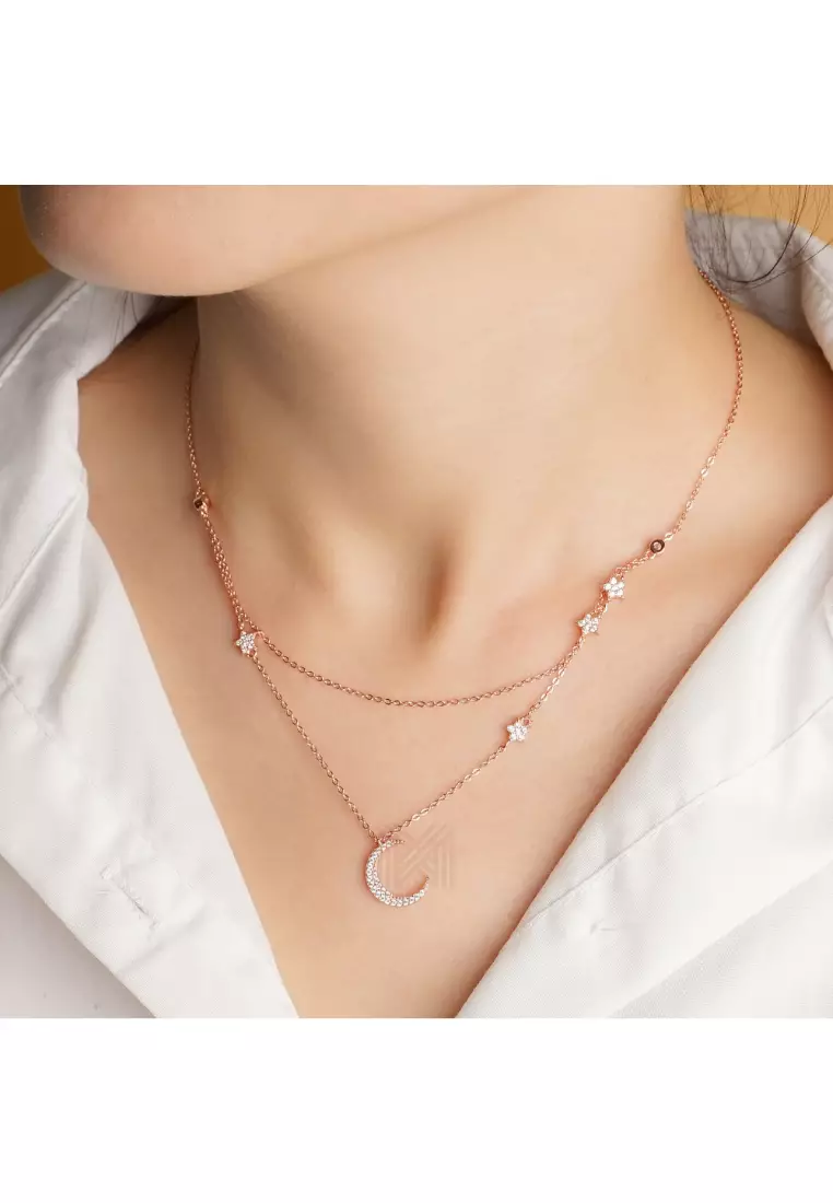 Match The Stars Moon and Stars Cubic Zirconia Rose Gold Necklace with 925 Sterling Silver