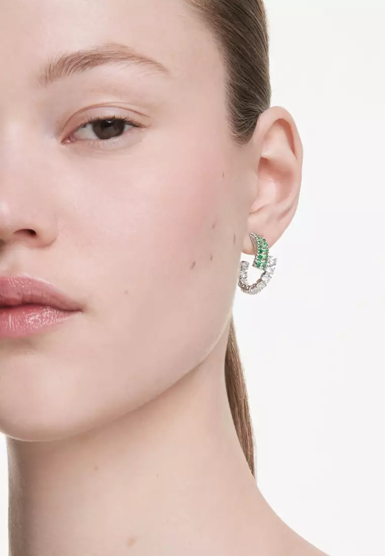Matrix hoop earrings, Mixed cuts, Green, Rhodium plated