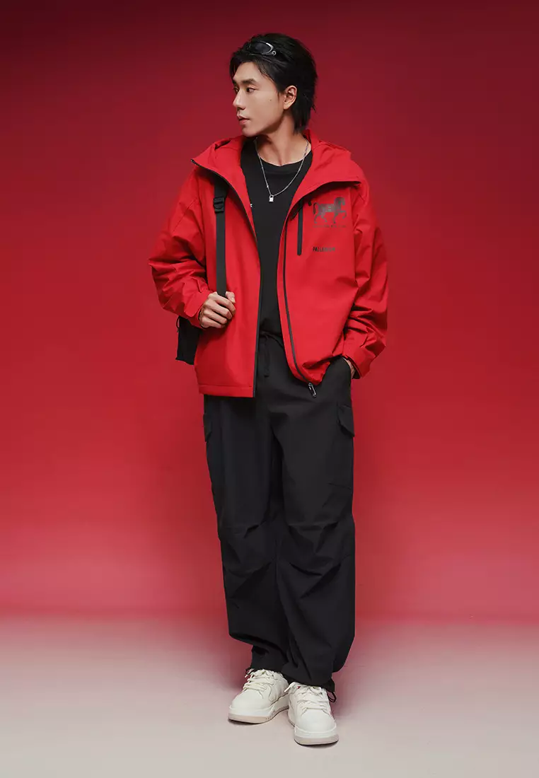 男裝馬年主題LOGO寬鬆防風防潑水連帽外套