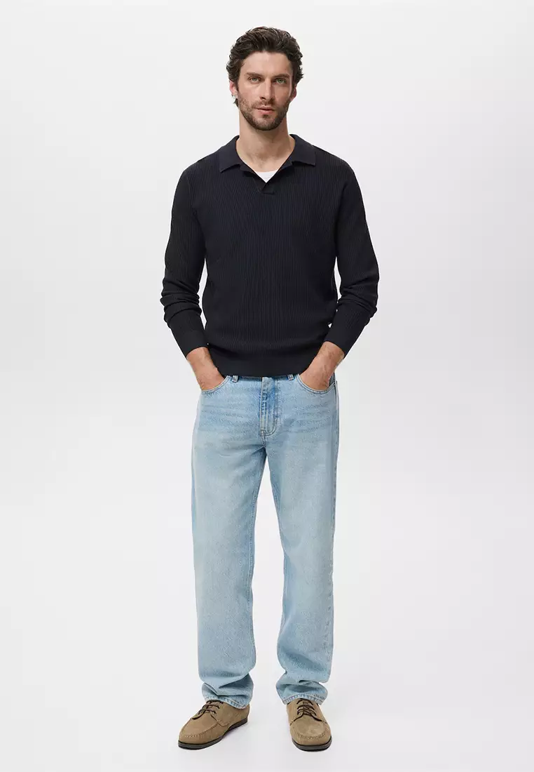 Cotton-Blend Ribbed Polo Sweater