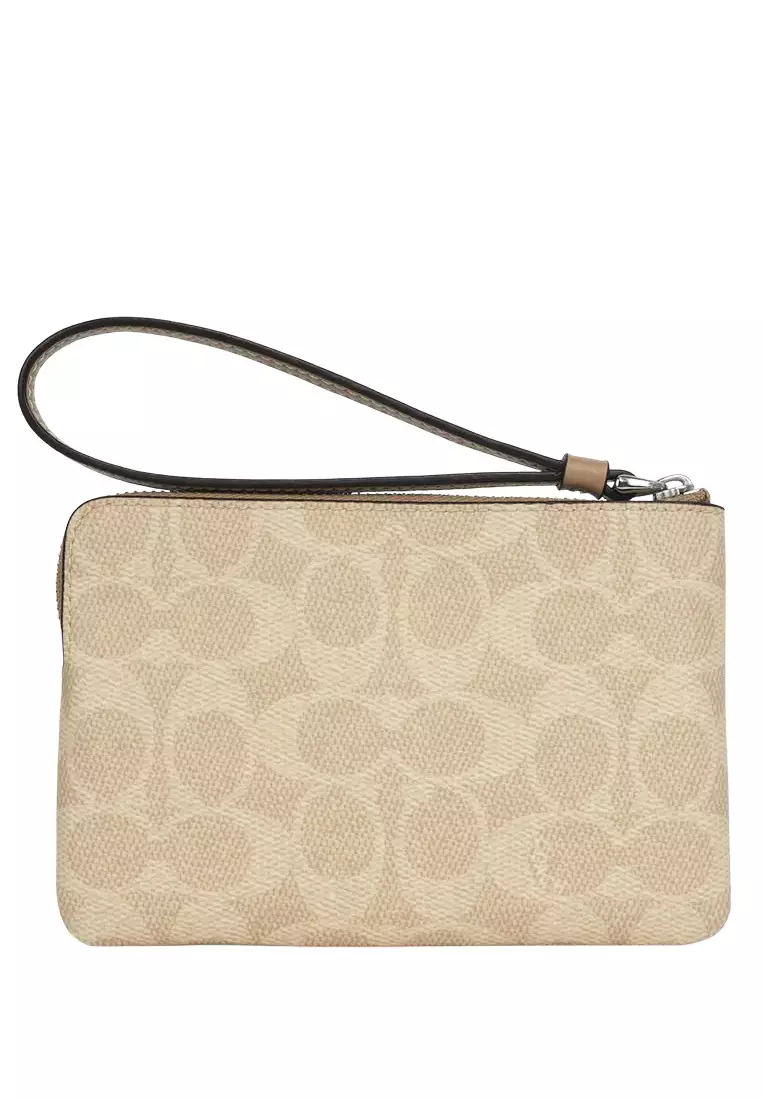 Corner Zip Wristlet In Signature Canvas With Stripe - Sand Taupe