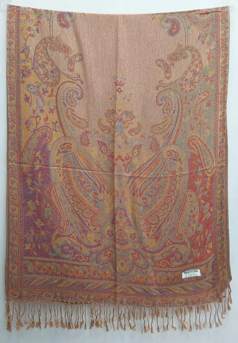 Aksesoris Wanita Reversible Viscose Full Paisley Pattern Pashmina Shawl Syal Wanita Burnt Peach