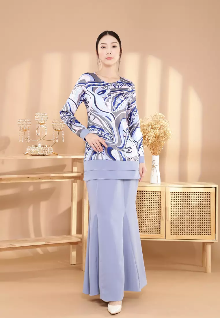 Ivy Kurung Modern layers Printed in Electric Blue Batik