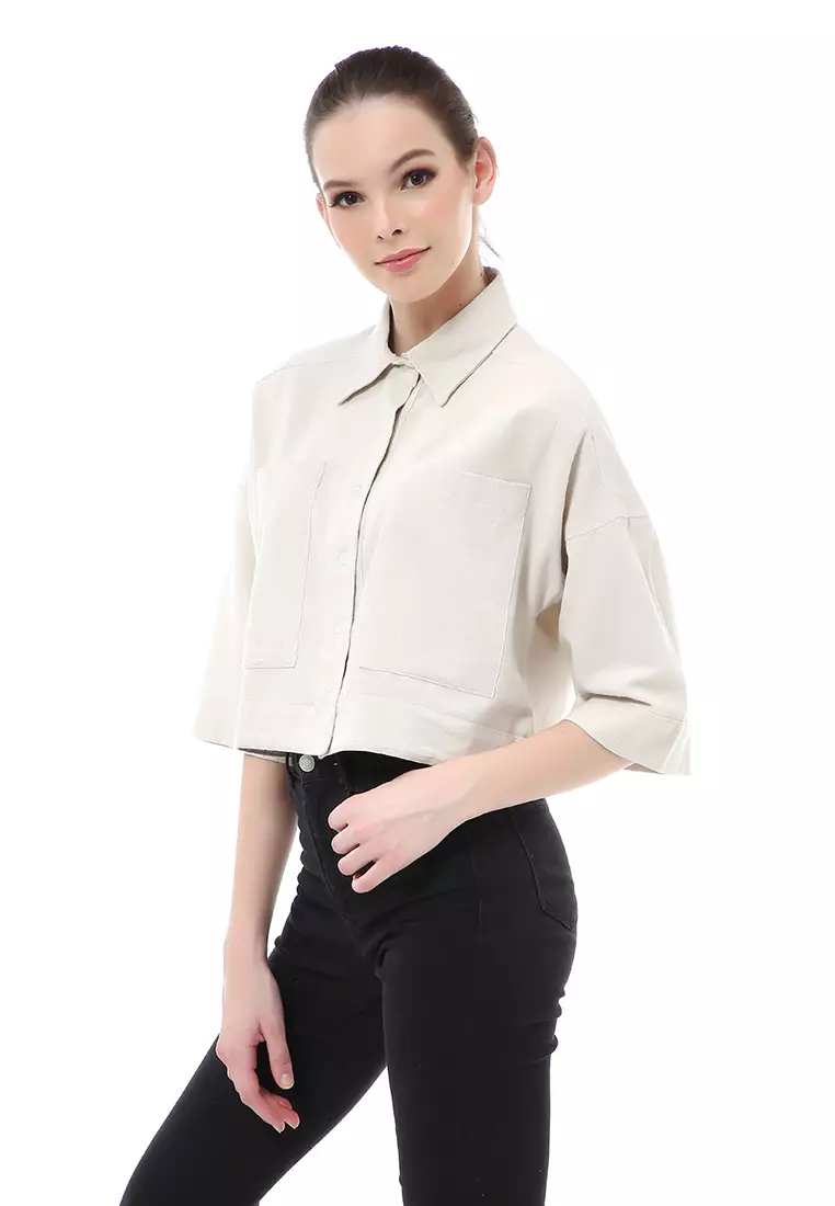 Brielle Atasan Wanita Kemeja Crop Oversize Shirt Lengan Panjang Material Linen ORIGINAL - Ivory