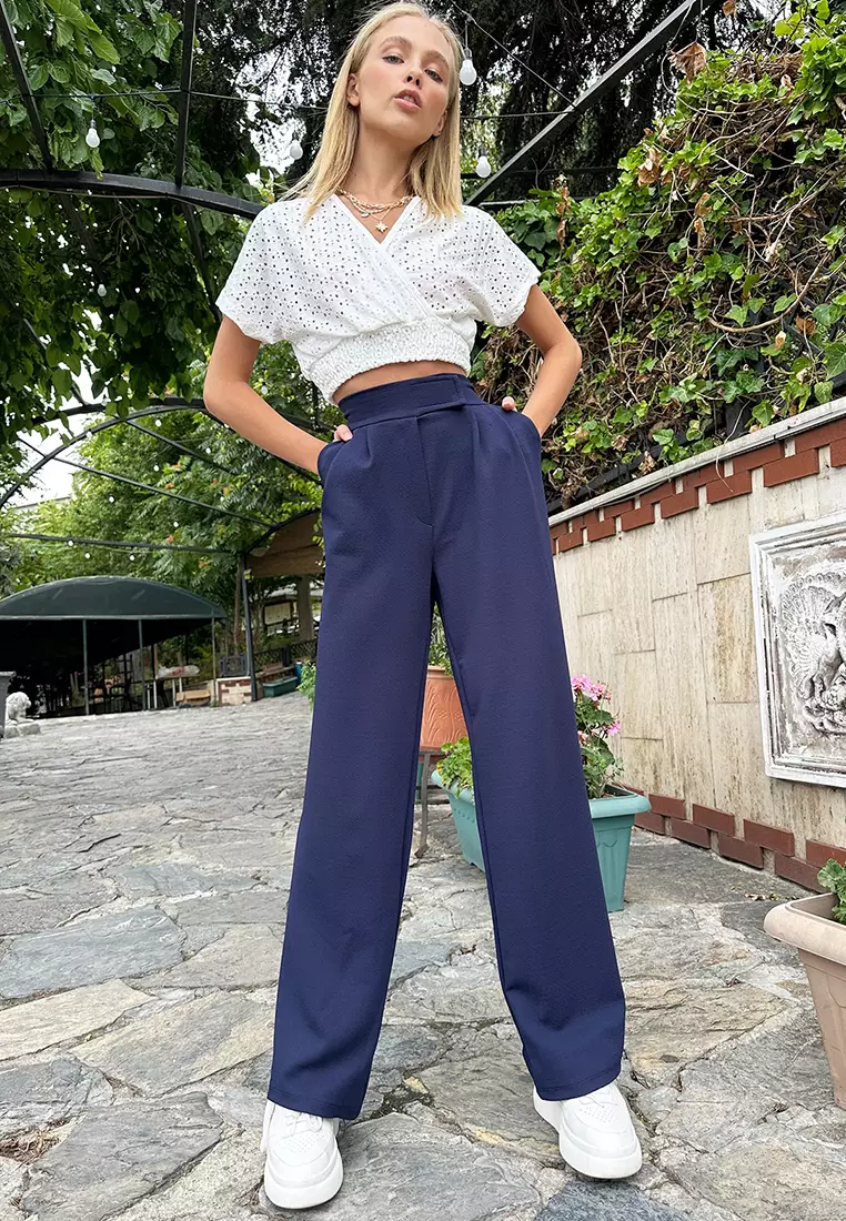 High Waist Double Pocket Pleated Velcro Closure Palazzo Trousers
