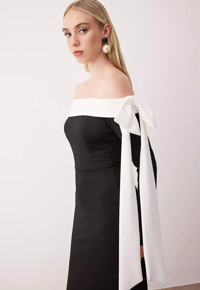 Bow Detailed Knitted Crepe Maxi Unlined Chic/Evening Dress