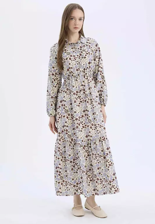 Shirt Collar Print Long Sleeve Maxi Dress