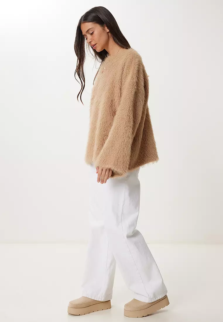 Women's Biscuit Soft Textured Bearded Knitwear Sweater Ki̇00133