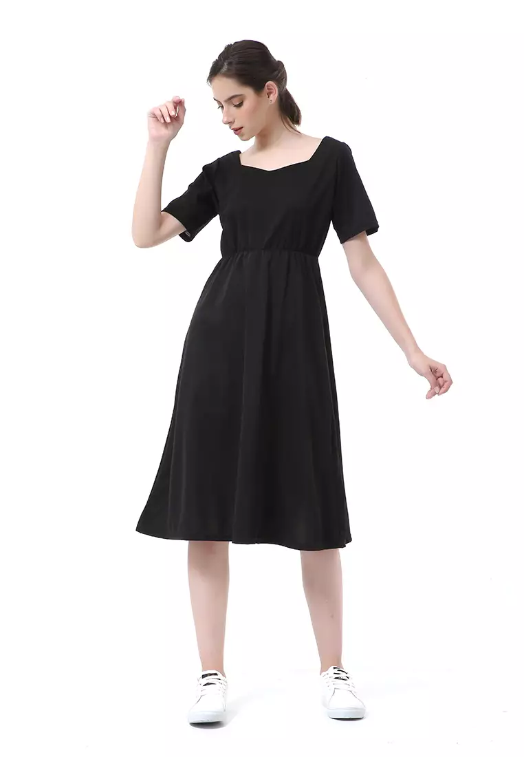 Rachel Long Dress Wanita Lengan Pendek Motif Polos Material Cotton ORIGINAL - Black
