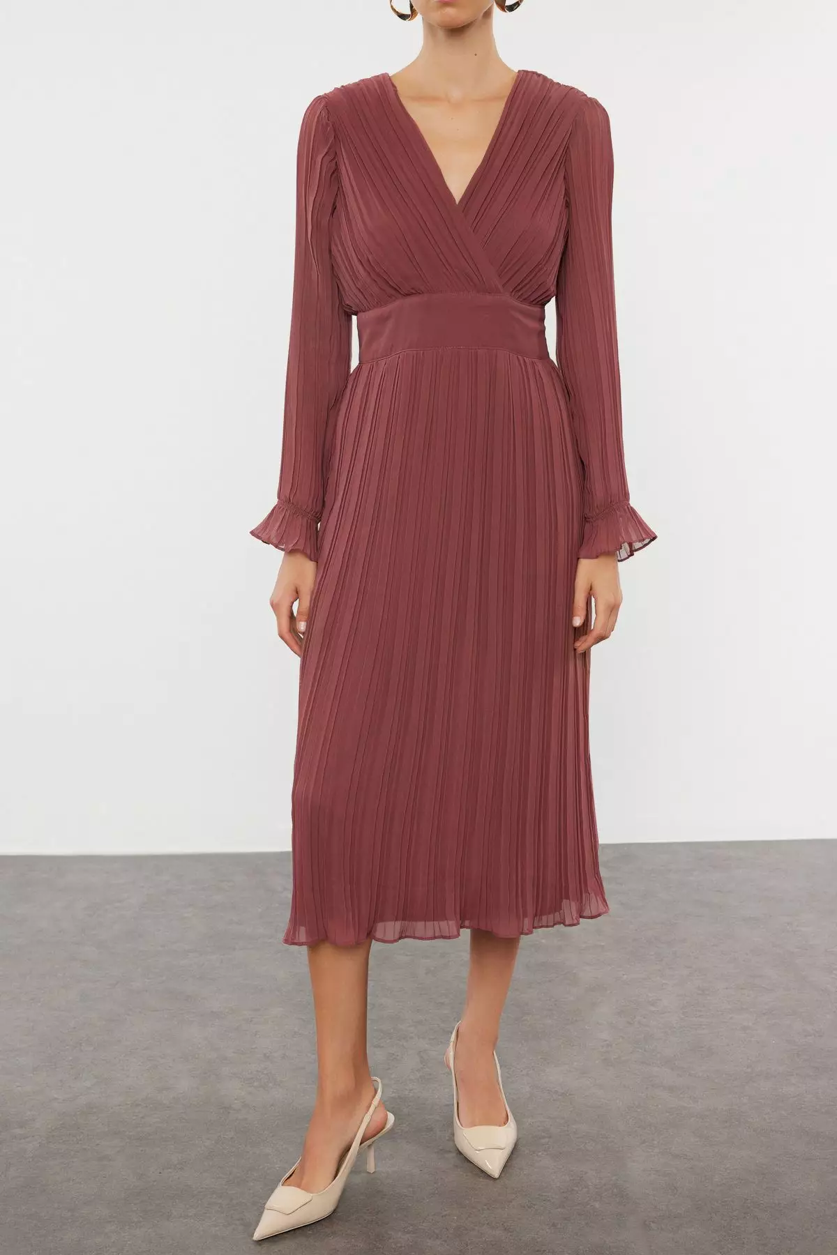 Dusty Rose Belted Plain Maxi Woven Dress TWOAW24EL00478