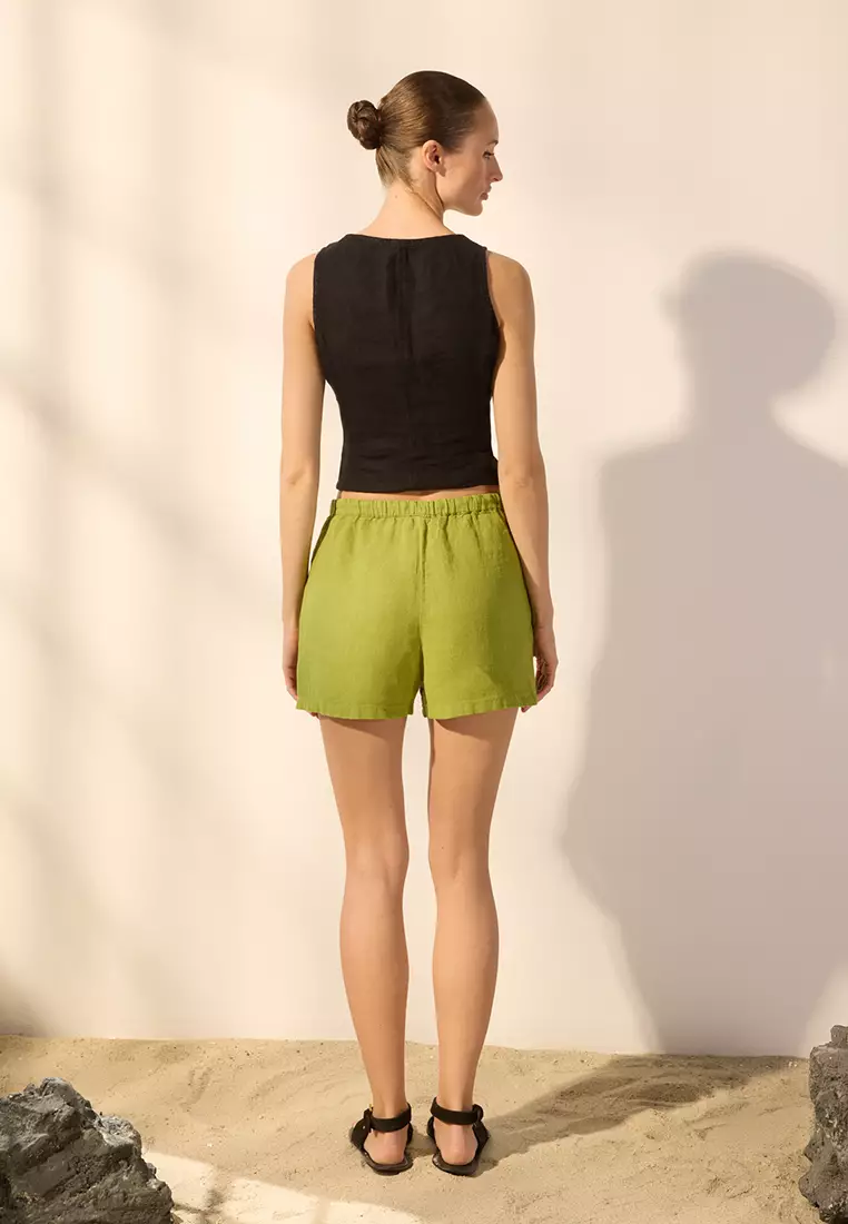 Green 100% Linen Elastic Waist Shorts TWOSS25SR00090