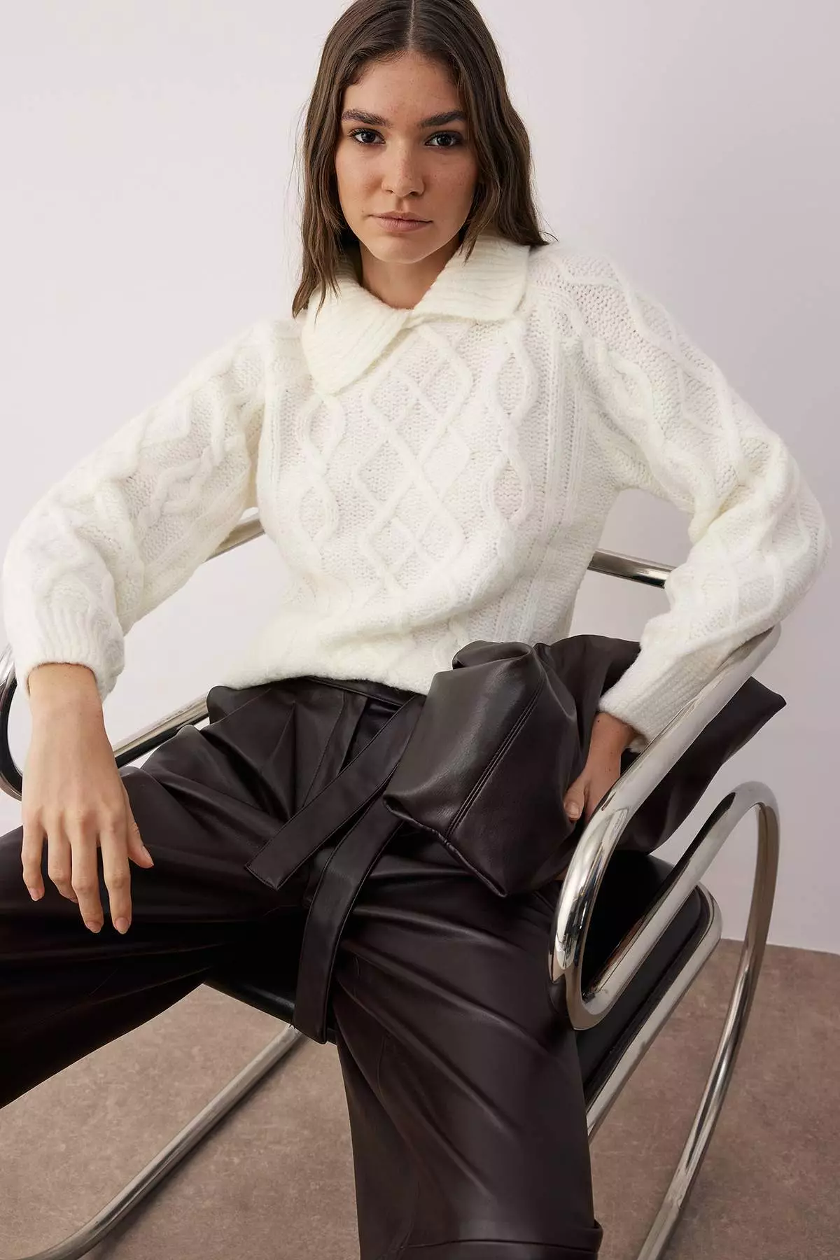 Ecru Soft Textured Knitted Patterned Knitwear Sweater