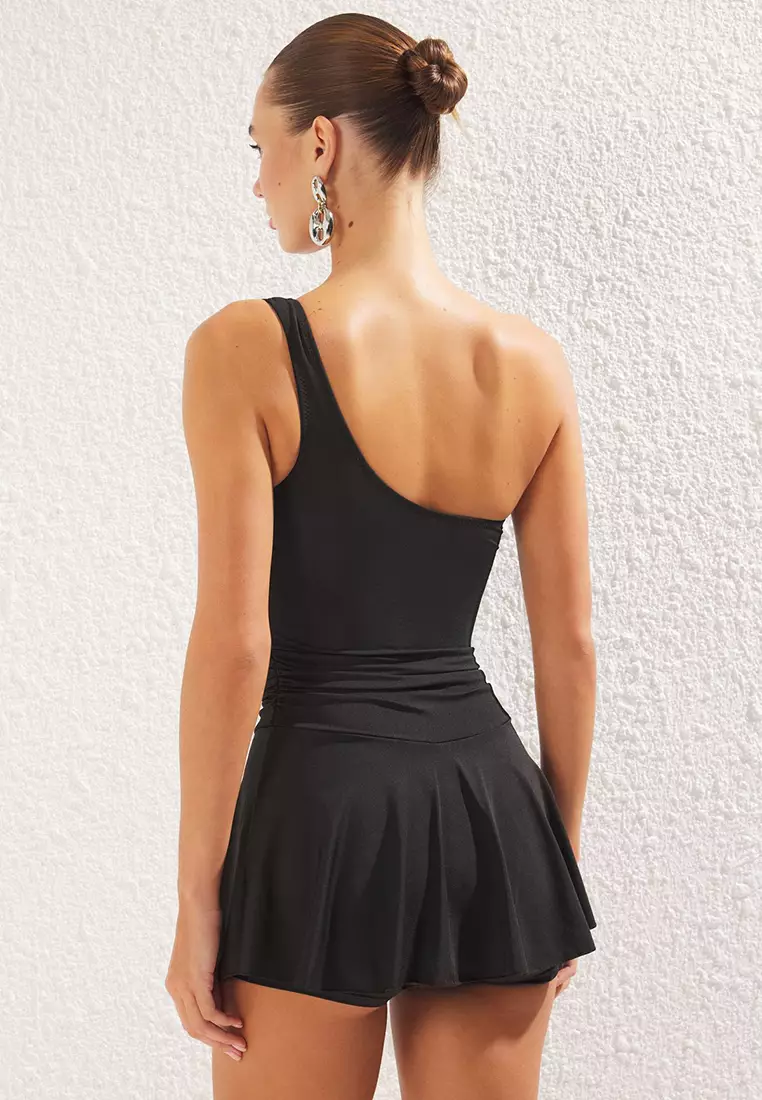 Black One Shoulder Skirt Shorts Swimsuit Tbess25Ma00061
