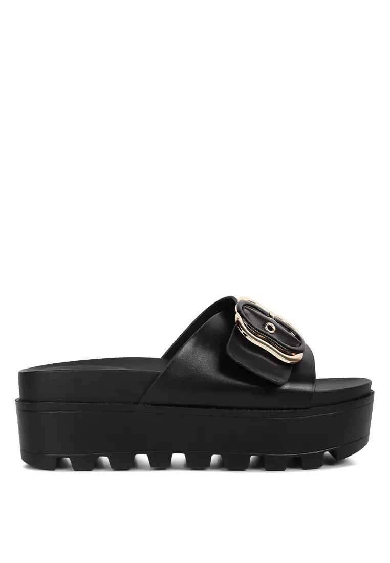 Discount on London Rag  shoes - SKU: Black Lug Sole Flatform Sliders